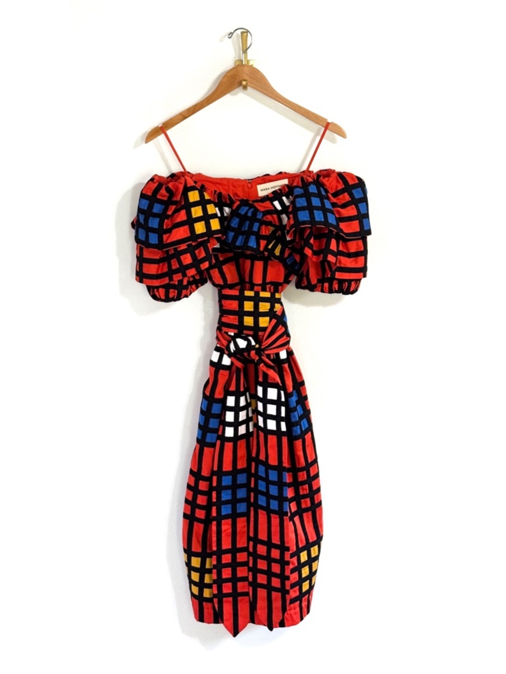 NWOT Mara Hoffman Midi Plaid Puff-Sleeve Arabella Off-The-Shoulder Dress - Picture 2 of 9